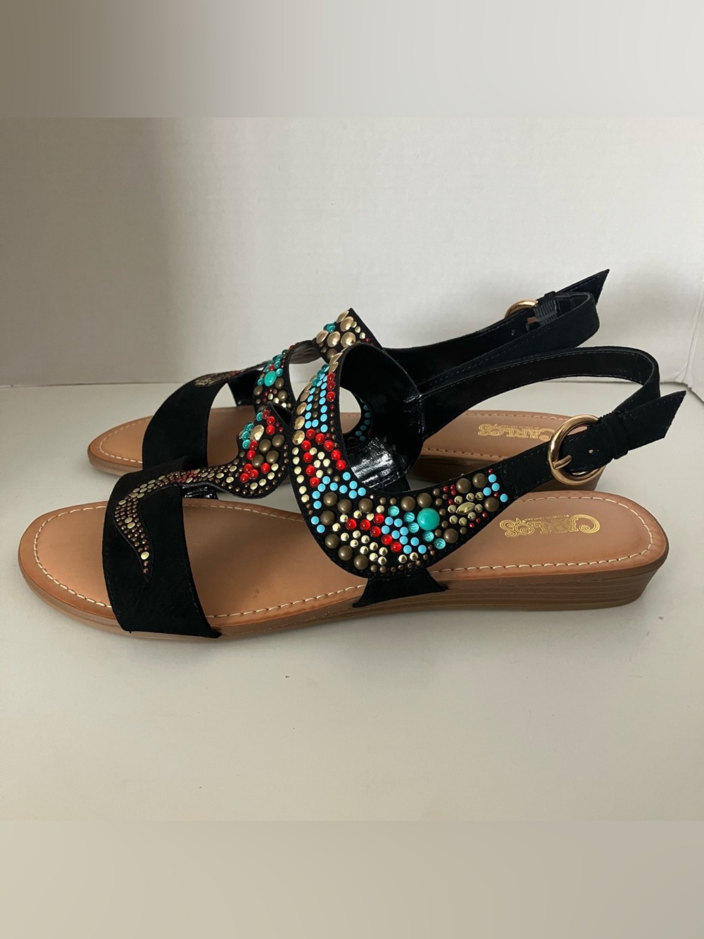 NIB Carlos Santana Terris Black Snake Bejeweled Sandals Turquoise Red Gold US 10